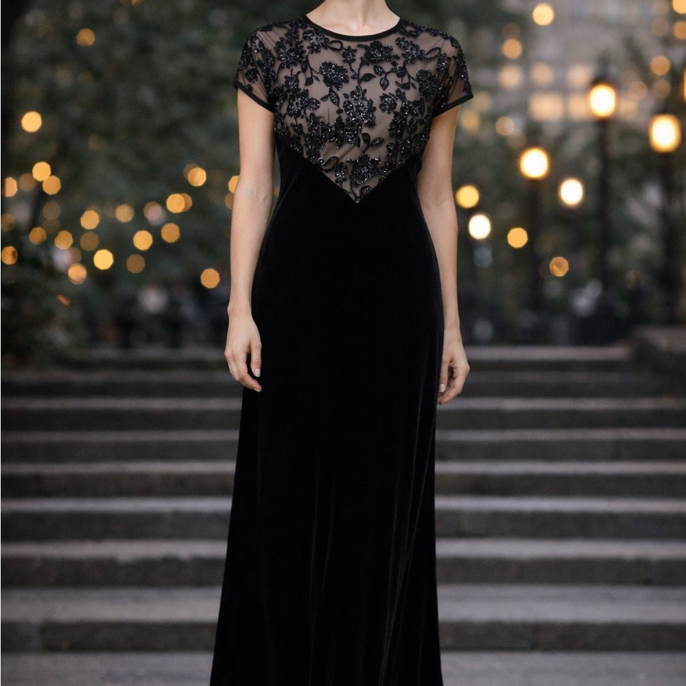 Jeffrey & Dara Black Velvet Evening Beaded Mesh Bodice Size 12 Formal Dress